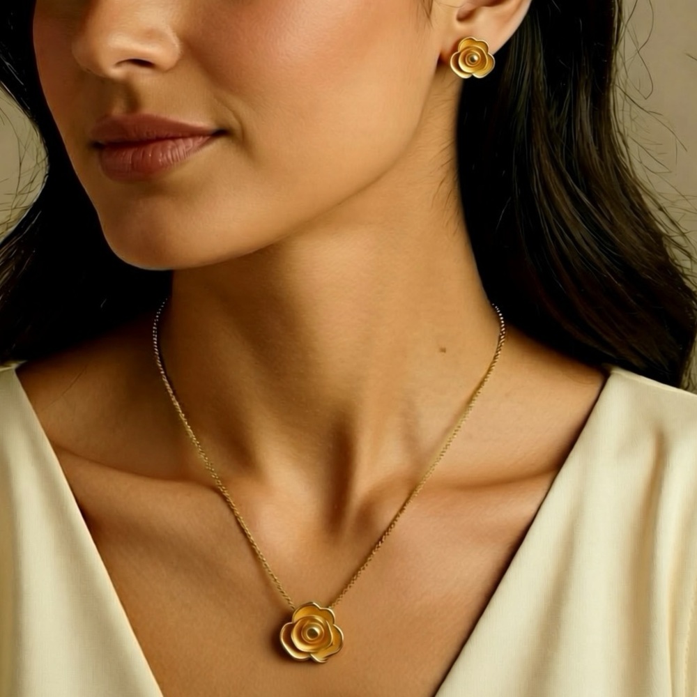 Peachy Orange Enameled Rose Necklace & Earring Set, 15 Inch Goldtone Chain